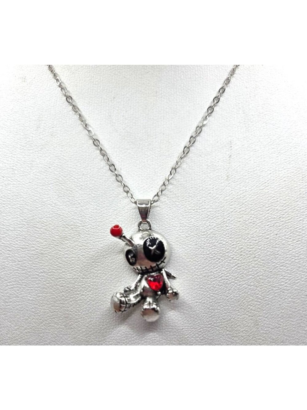 Voodoo Doll Pendant Necklace With Red Gem Heart & Black Details On Silver Chain